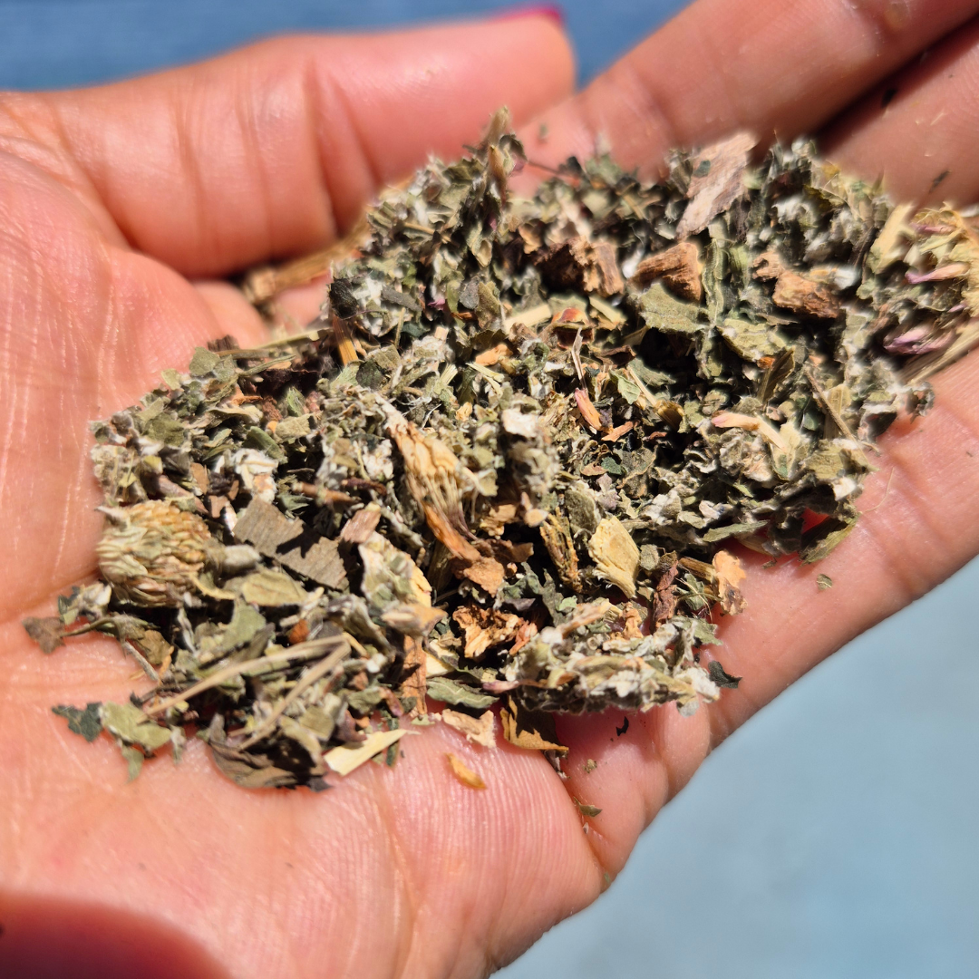 Hand holding a small amount of dried herbs against a blue background Bloom Within