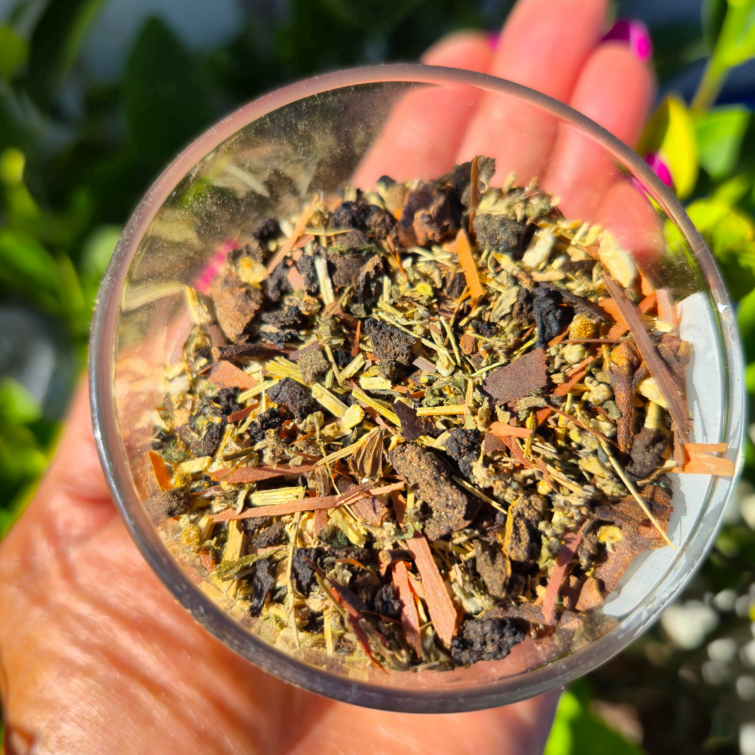 Hand holding a clear container filled with a mix of dried herbs and leaves against a blurred green background Root Reset 