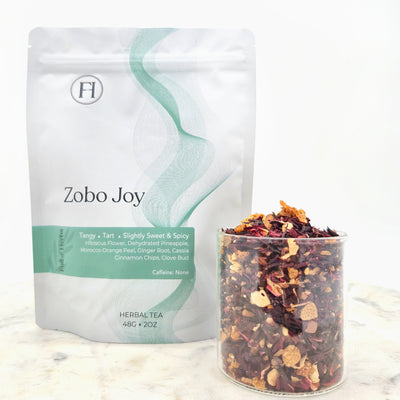 zobo joy tea with jar of zobo herbal tea 